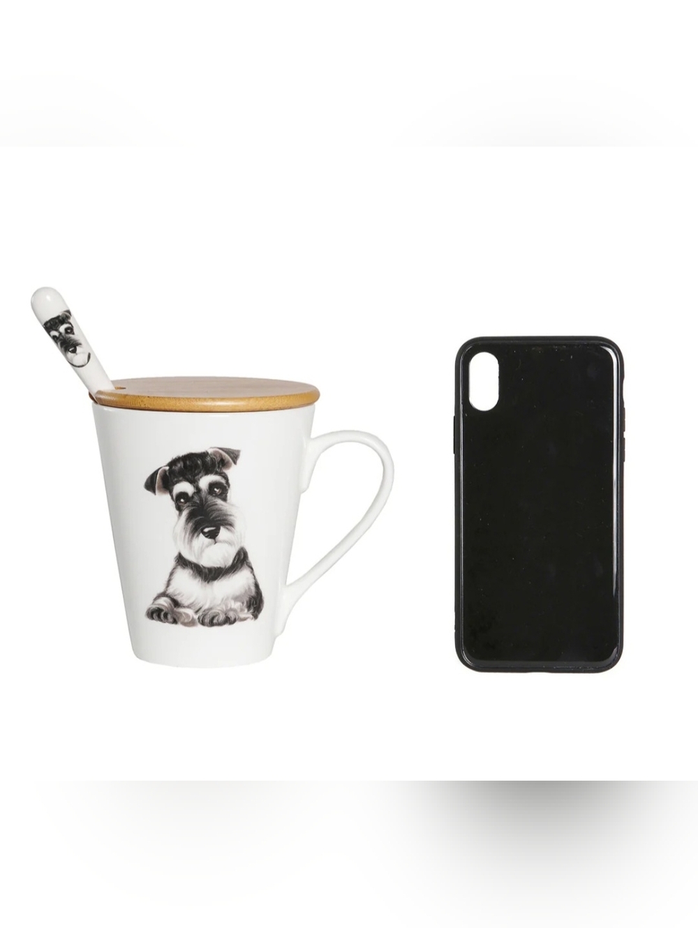 NIB 4pcs Porcelain Schnauzer Dog Coffee Mug  With Lid & 2 Spoons & Rest